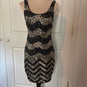 Bebe Black and Gold Sequin Mini Dress